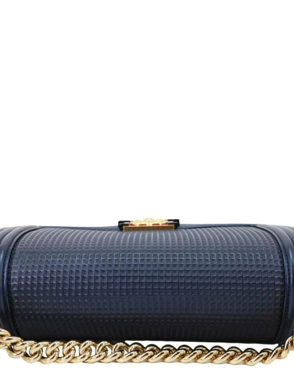 Chanel  Boy Flap Medium Cube Embossed Leather Shoulder Bag Navy Blue